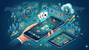 Современная иллюстрация эволюции цифрового покера на Android с футуристичными элементами интерфейса смартфона