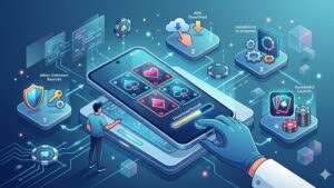 Современная иллюстрация смартфона с покерными картами и фишками для инструкции по установке приложения